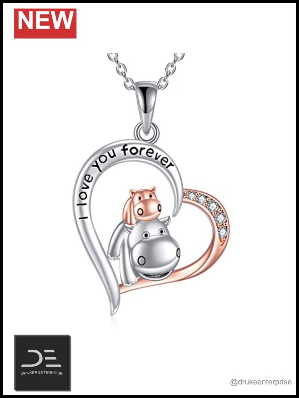 Sterling Silver Hippo Necklace I Love You Forever Heart Pendant 18 Inch